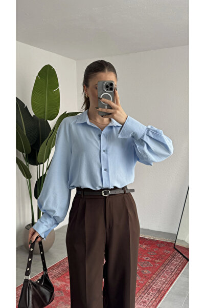 asfamoda Γυναικείο ανοιχτό μπλε υπερμεγέθη πουκάμισο από ύφασμα Modal Tencel,...