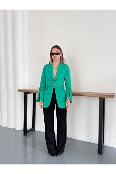 diaves Yeşil Bağcık Detaylı Kruvaze Kesim Dokuma Kumaş Blazer Ceket