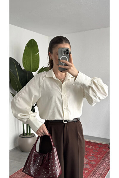 asfamoda Γυναικείο πουκάμισο από ύφασμα Modal Tensel σε χρώμα εκρού, με μακρι...