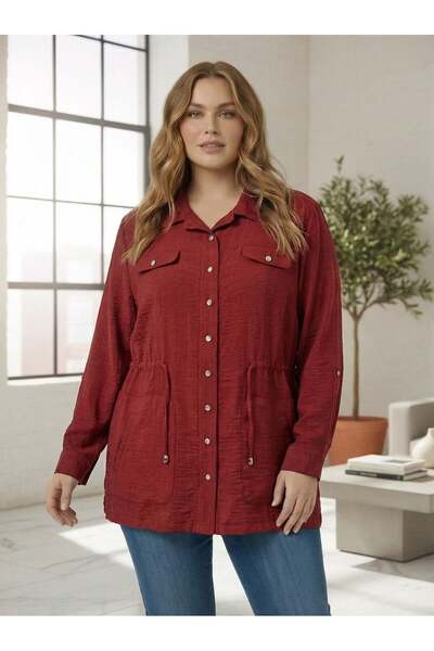 RMG Λινό μπουφάν μεγάλου μεγέθους με λεπτομέρεια δαντέλας στη μέση, μπορντό