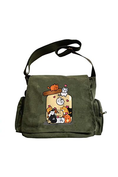Toum Vintage Sweet Cute Cat Printed Unisex Khaki Messenger Bag