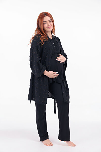 Yulem Homewear Yeni Sezon Siyah Örgülü Jakarlı Dantel Tasarım Pamuklu Lohusa ...