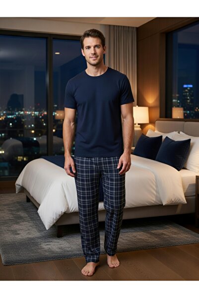 PİJART Erkek Lacivert Ekose Kısa Kollu Pamuklu Pijama Takımı