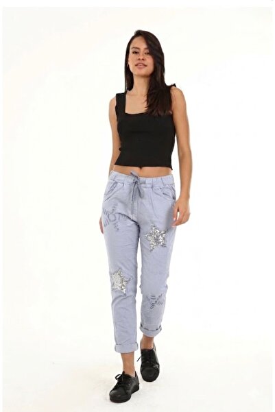 AYASOFYA OTANTIK Γυναικείο ιταλικό παντελόνι με γκρι παγιέτες και λεπτομέρειε...