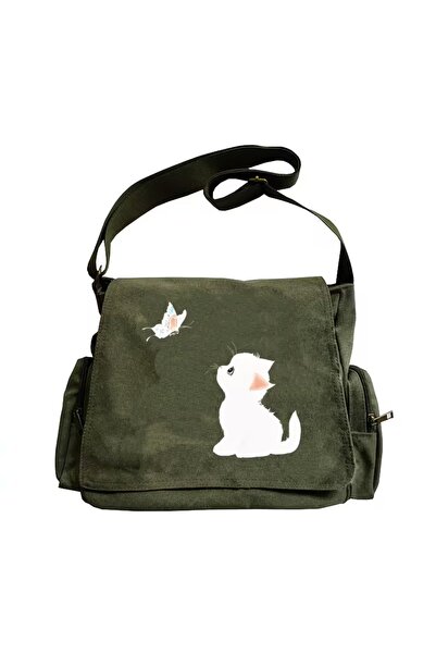 Toum Vintage Sweet Cute Cat Printed Unisex Khaki Messenger Bag