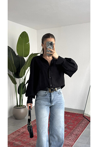 asfamoda Γυναικείο μαύρο πουκάμισο από ύφασμα Modal Tencel, με μακριά μανίκια...