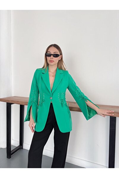diaves Πράσινο μπλέιζερ με λεπτομέρεια από δαντέλα, διπλό κουμπωτό κούμπωμα κ...