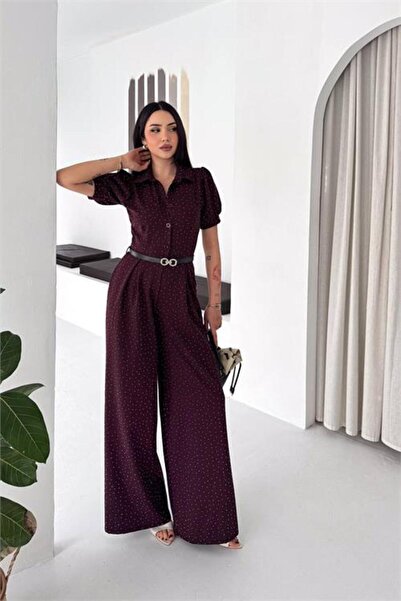 Neşeli Butik Γυναικεία ολόσωμη φόρμα με λεπτομέρεια σε χρώμα μπορντό, με πέτο...