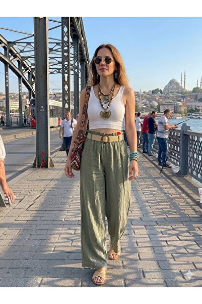 AYASOFYA OTANTIK Γυναικείο ιταλικό χακί παντελόνι με ελαστική μέση, απλό σχέδ...