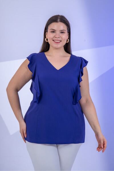 Roxxlen Women's Plus Size Flounce Blouse Indigo