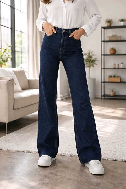 BİENAL BUTİK Γυναικείο παντελόνι Snow Wash Navy Blue Lycra Super High Waist L...