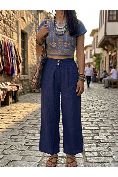 AYASOFYA OTANTIK Γυναικείο ιταλικό παντελόνι σε μπλε ναυτικό χρώμα, με ελαστι...