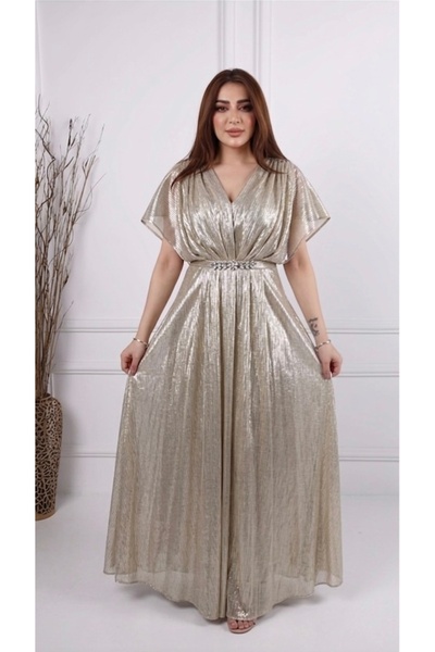 ٌRominz fashion فستان حفلات ذهبي ناعم بقصة A-Line - قماش لاميه فاخر - توصيل ف...
