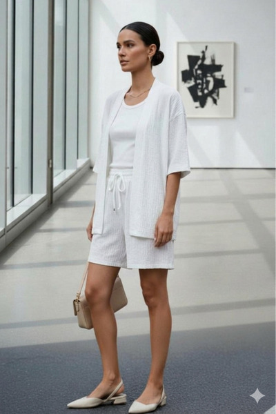 NO 601 Women's White Wrinkled Textured Oversized Kimono and Elastic Waist Sho...