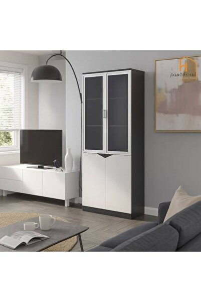 Al Saadah Home خزانة كتب مكتبية ببابين خشبيين - رمادي غامق - 80×40×200 سم