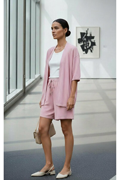 NO 601 Γυναικείο καλοκαιρινό σετ δύο τεμαχίων με ροζ σολομένιο κιμονό με υφή ...