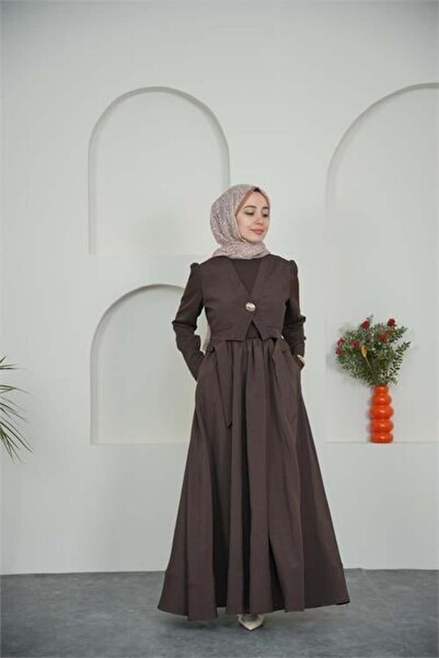 Dipmoda Γυναικείο καφέ χρυσό φόρεμα χιτζάμπ με λεπτομέρειες και στρώσεις DPVQ...