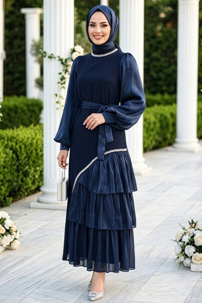 N.S NEVA STYLE Rochie de seară cu volan în straturi, detaliată, albastru înch...