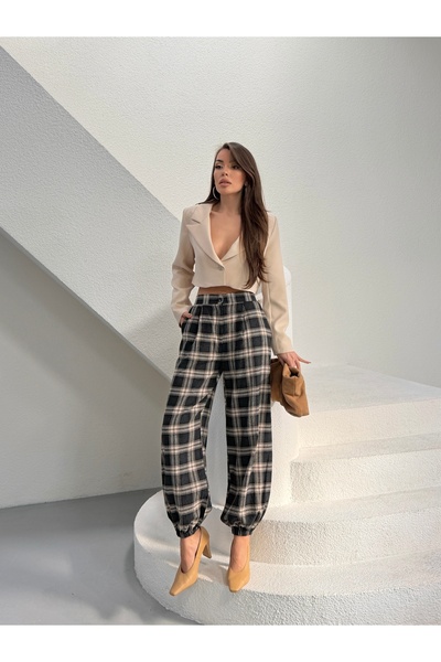 LE CARAMBOLE Γυναικείο μαύρο καρό παντελόνι με ελαστικό τελείωμα