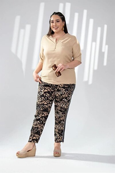 Roxxlen Γυναικείο παντελόνι μεγάλου μεγέθους με λεοπάρ σχέδιο