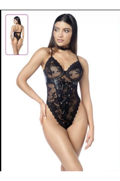 New Dreams Kadın Siyah Dantel Detaylı Bağcıklı Fantezi Body – Transparan Şık ...