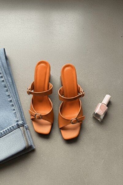 DİVOLYA Παντόφλες με τετράγωνη μύτη και τακούνι Fior Orange Buckle (Ύψος τακο...