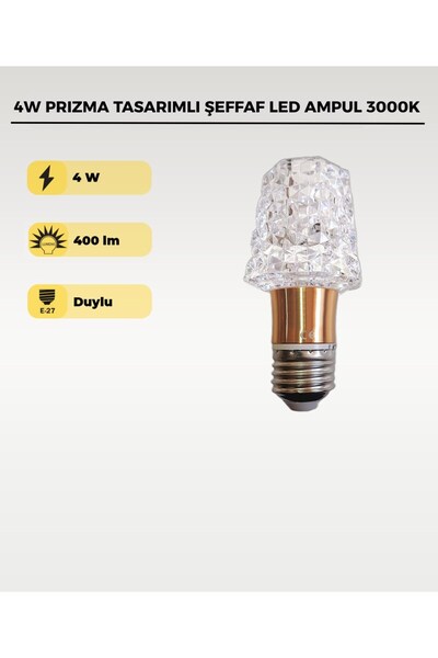 AC AYDINLATMA 4W Dekoratif Kristal LED Ampul 3000K– Prizma Tasarımlı Şeffaf L...
