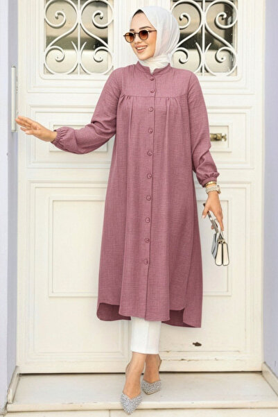 N.S NEVA STYLE Buttoned Dusty Rose Hijab Tunic 5642Gk