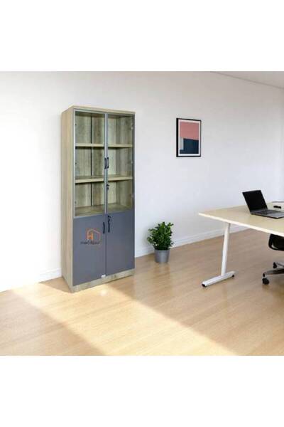 Al Saadah Home رف كتب مكتبي ببابين - رمادي - 80×40×200 سم