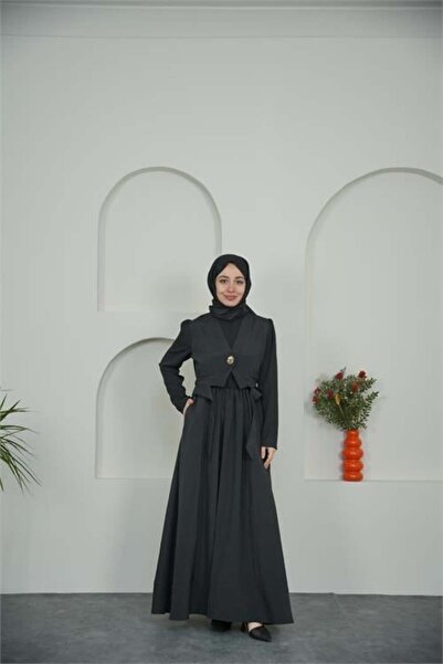 Dipmoda Women's Black Gold Button Detailed Layered Hijab Dress Dpvq4953