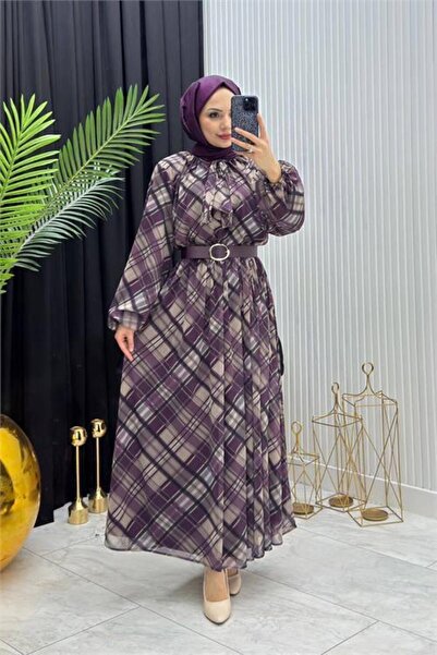 Dipmoda Women's Purple Plaid Pattern Collar Tie Detailed Tulle Fabric Hijab D...