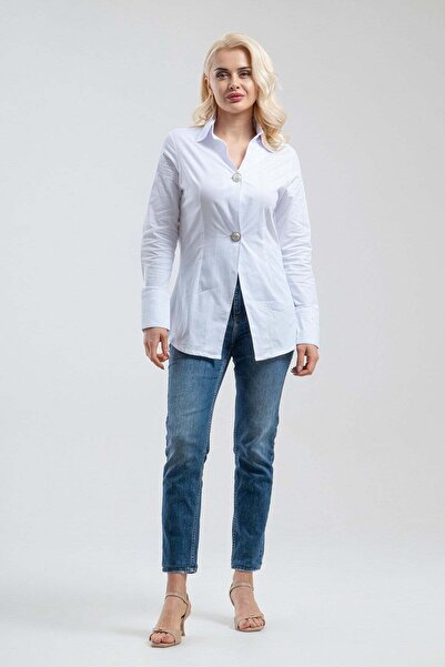 Bold & Young Cămașă de damă, albă, metalizată, cu 2 nasturi, cu manșete, slim...