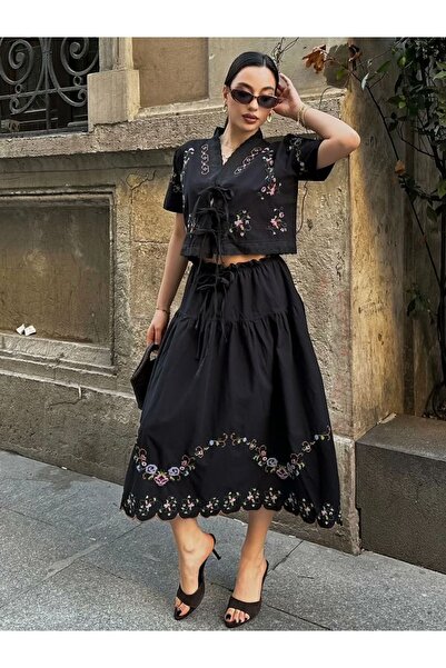 Ekim Store Κεντητό λινό σετ με φούστα που πλένεται