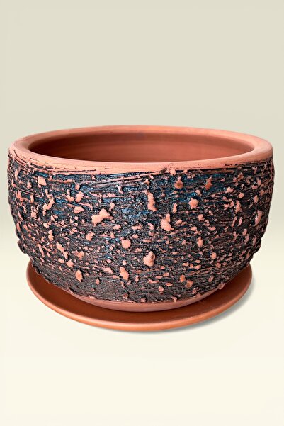AdenArt Toprak Saksı Siyah Dokulu Orta Boy El Yapımı (TABAKLI) 26*17 cm