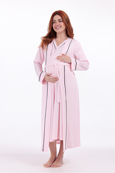 BLACKMORE Women's Pink Cotton Black Ribbed Long Maternity Nightgown and Dress...