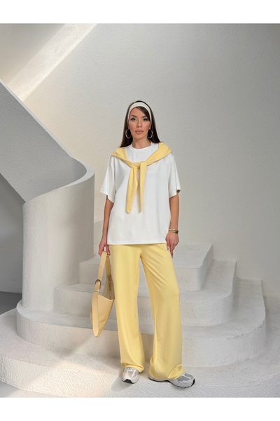 LE CARAMBOLE Women's White-Yellow Shoulder Strap Detailed Top and Bottom Set