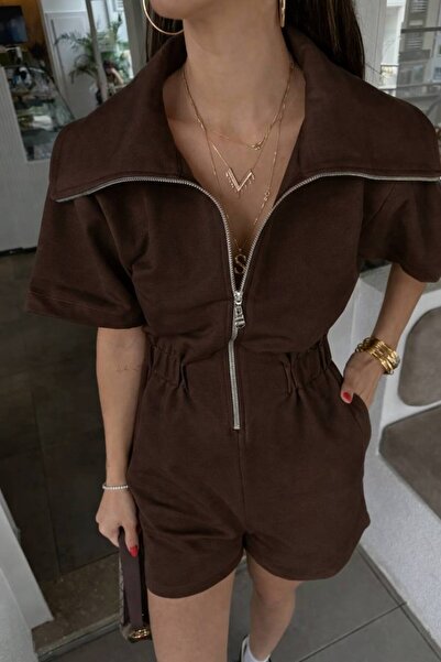 ÇEÇİM Women's Zippered Waist Drawstring Shorts Jumpsuit Zyn-58924