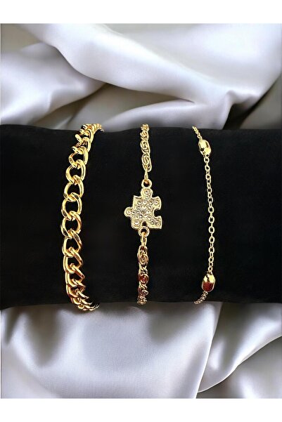Gold Color 3-Piece Puzzle Chain Combination Set Bracelet