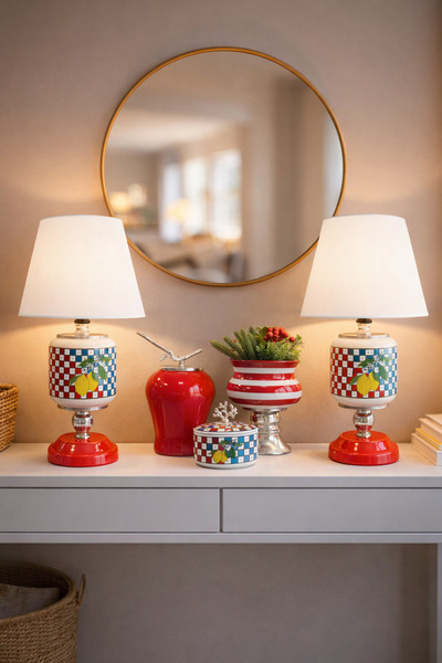 ferayhome Salon Seti Oval Abajur Aydınlatma Limon Damalı ve Dekoratif Obje Li...