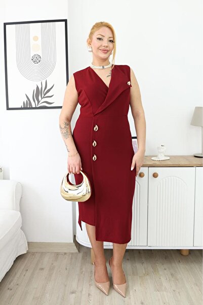 Siyezen Βραδινό φόρεμα με διπλό γιακά σε μεγάλο μέγεθος με χρυσά αξεσουάρ