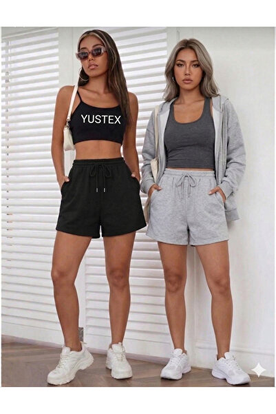 yx yustex sport 2-Piece Women's Black - Gray Basic Shorts Set - Comfortable F...