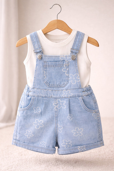 ecolkız Eid Floral Patterned Girls' Salopet Set for Summer