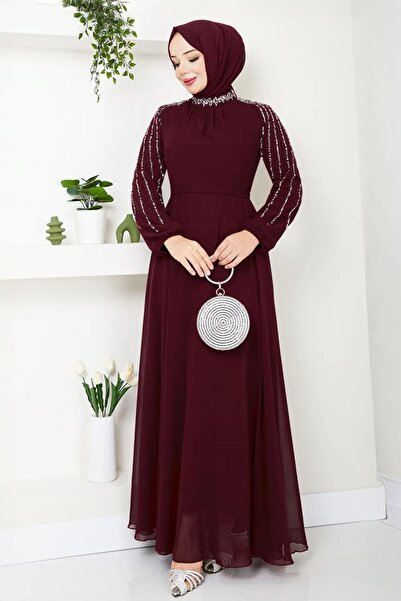 InStyle Βραδινό φόρεμα από σκούρο κόκκινο σιφόν με παγιέτες και πέτρες στα μα...