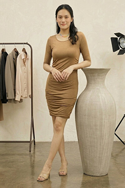 dorbe women's scoop neck long sleeves ruched bodycon mini dress