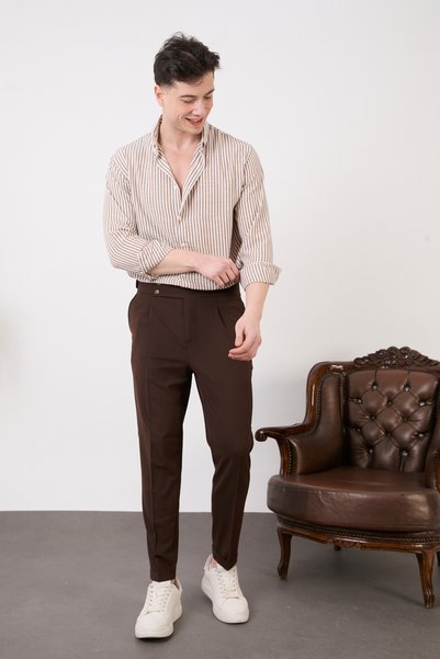 SEASON COAT Men's Double Button Pleated Lycra Fabric Pants