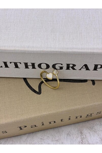 Hedef Bijuteri Gold Color White Detailed & Zircon Stone Double Heart Model Ad...