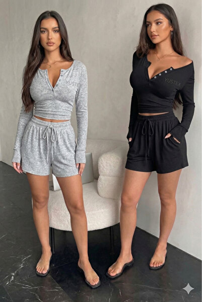 yx yustex sport 2-Piece Women's Black - Gray Basic Shorts Set - Comfortable F...