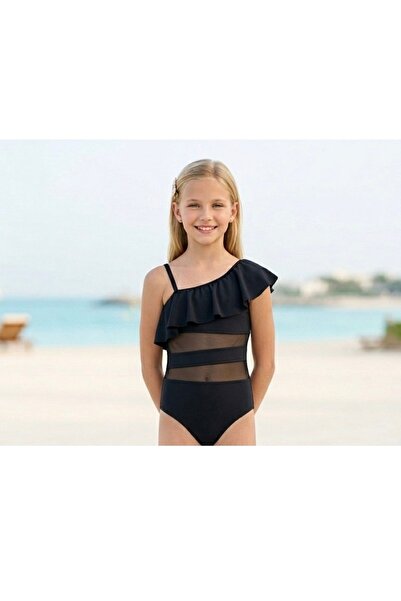 ARBİ kids Κοριτσίστικο μαύρο μαγιό με έναν ώμο, βολάν και λεπτομέρεια λωρίδας...