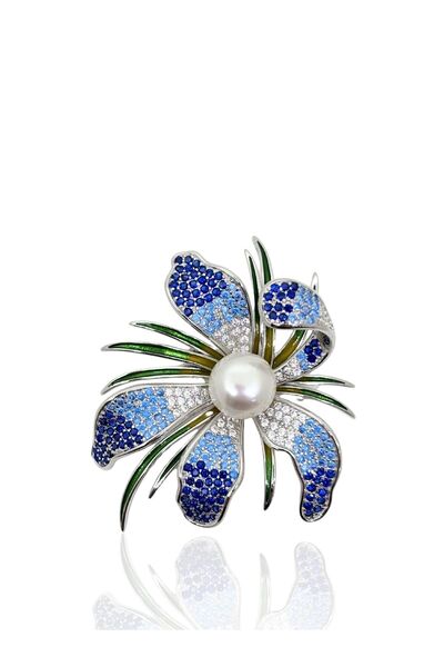 oya silver Mavi Zirkon Taşlı İnci Detaylı Çiçek Tasarım Gümüş Broş 4.5x4 cm [...
