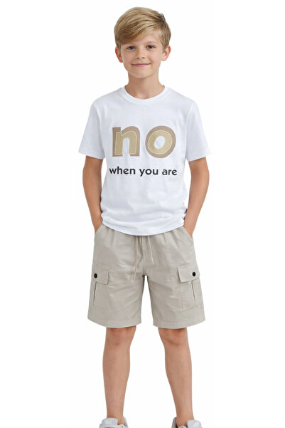 İrem Çocuk Giyim Boy's No Writing T-Shirt and Parachute Fabric Shorts Beige C...